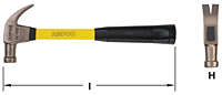 Image of a yellow-handled claw hammer labeled "AMPCO," showing horizontal side and claw-head views. The handle of this claw hammer features a black rubber grip with AMPCO etched on the yellow fiberglass handle neck.